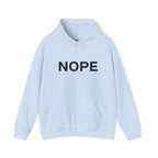 A light blue pullover hoodie with the word 'NOPE' printed in bold black capital letters across the chest on a solid white background.