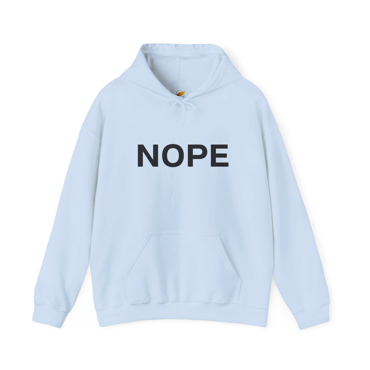 A light blue pullover hoodie with the word 'NOPE' printed in bold black capital letters across the chest on a solid white background.