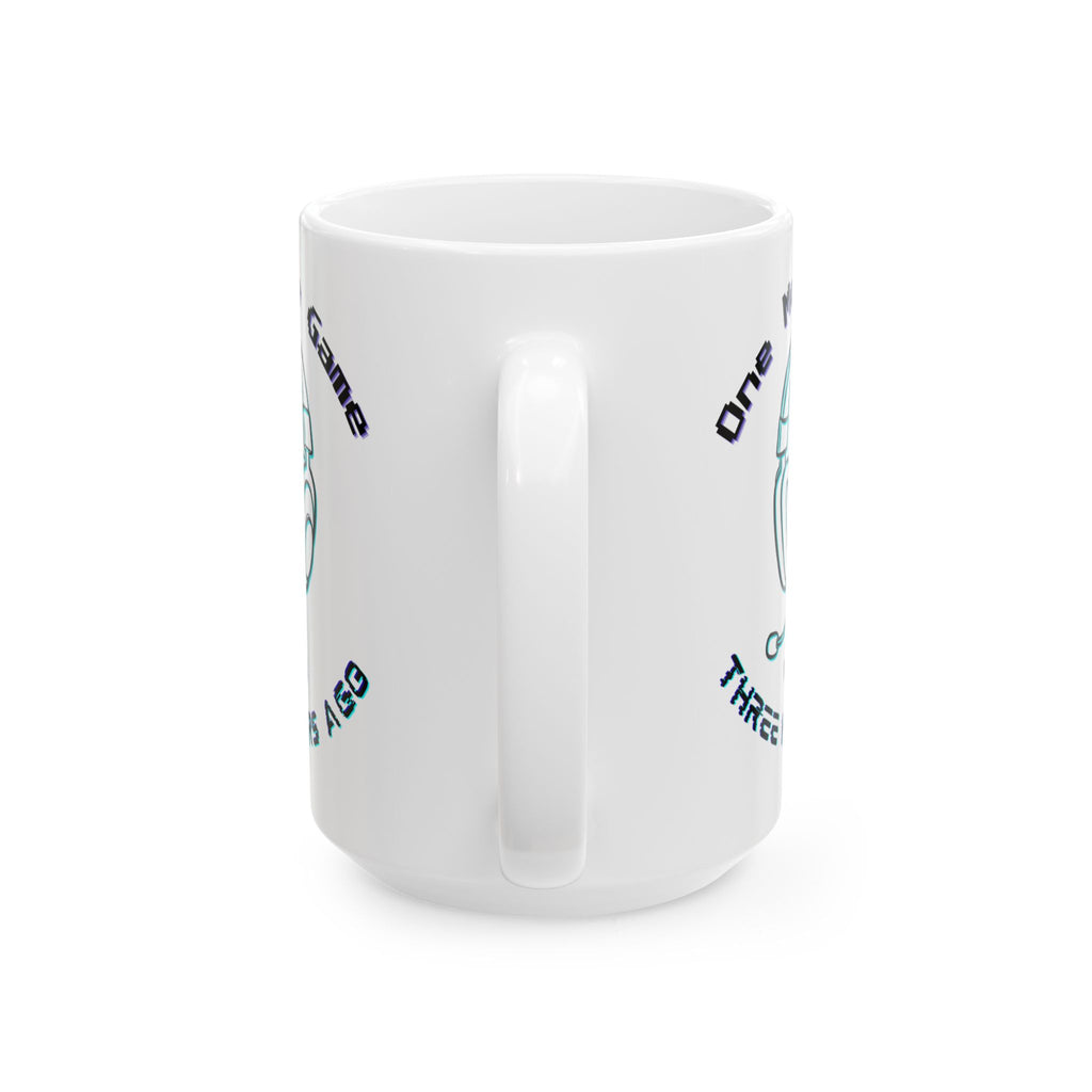 One More Game Was Three Hours Ago Mug, Funny Gamer Humor, Retro Neon White Ceramic