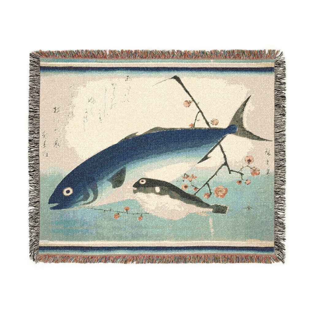 Yellowtail, Blowfish, and Plum Branch Woven Blanket, Utagawa Hiroshige, Japanese Art Throw