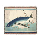 Yellowtail, Blowfish, and Plum Branch Woven Blanket, Utagawa Hiroshige, Japanese Art Throw
