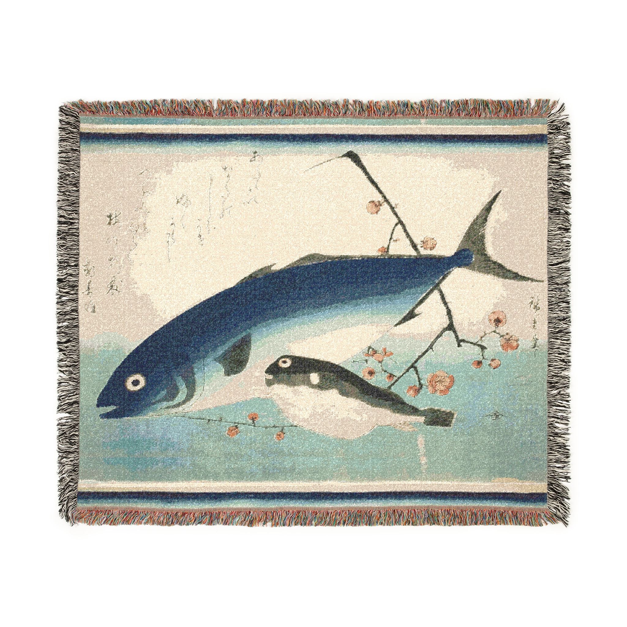 Yellowtail, Blowfish, and Plum Branch Woven Blanket, Utagawa Hiroshige, Japanese Art Throw