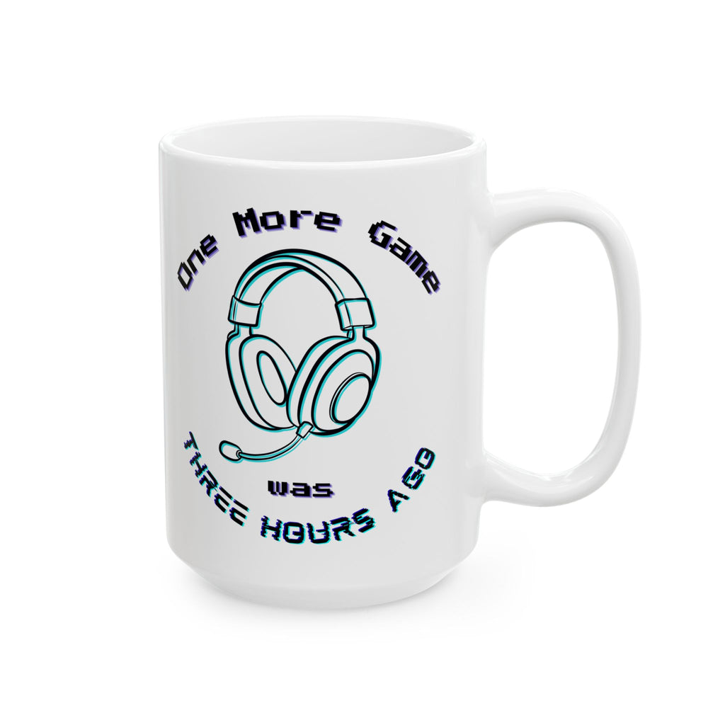 One More Game Was Three Hours Ago Mug, Funny Gamer Humor, Retro Neon White Ceramic