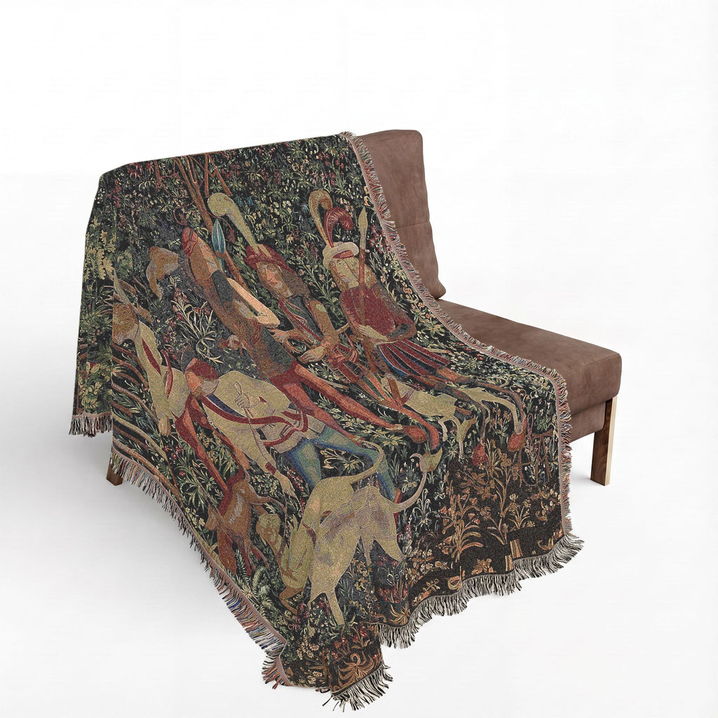 The Hunters Enter the Woods Woven Blanket, Medieval Unicorn Tapestry Art Throw