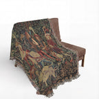 The Hunters Enter the Woods Woven Blanket, Medieval Unicorn Tapestry Art Throw
