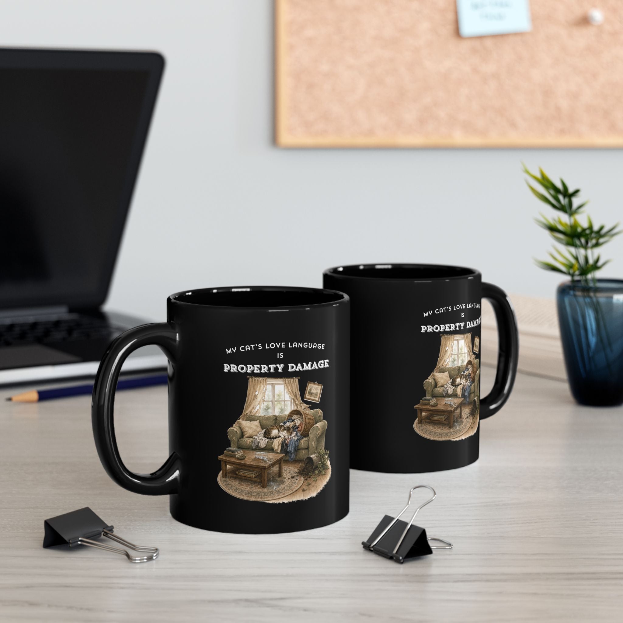 My Cat's Love Language is Property Damage Mug, Funny Cat Humor, Black Ceramic