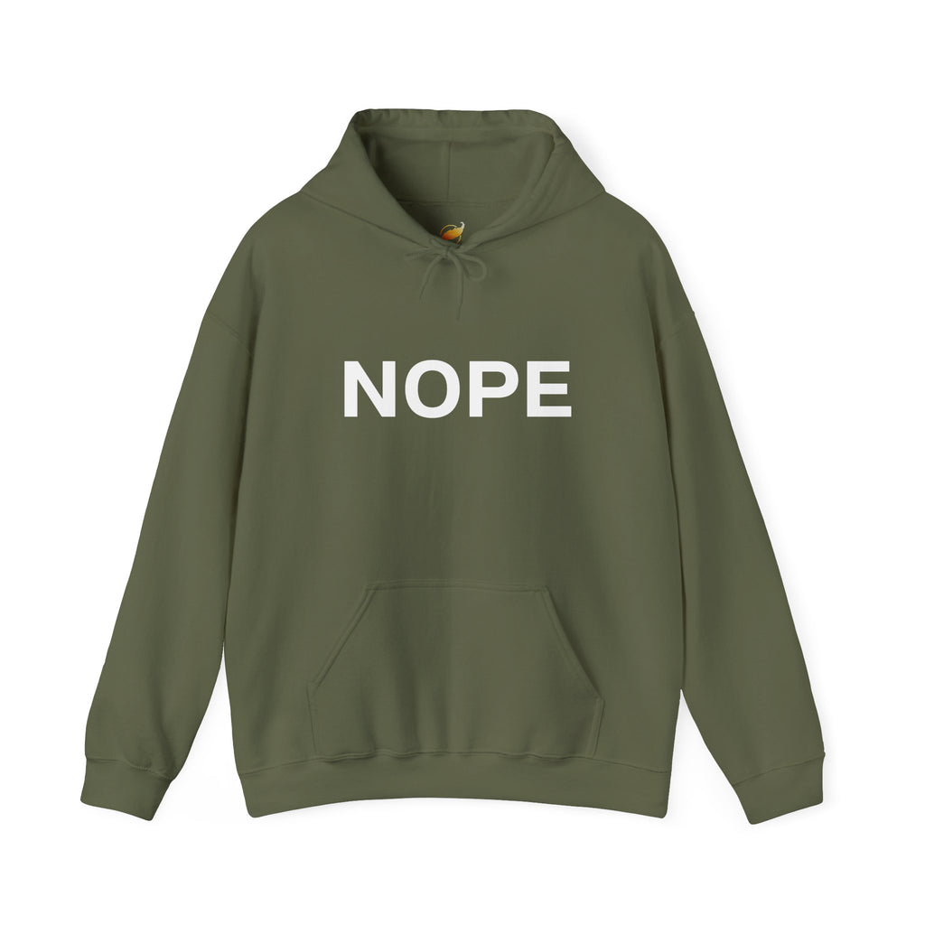 A military green pullover hoodie with the word 'NOPE' printed in bold white capital letters across the chest on a solid white background.