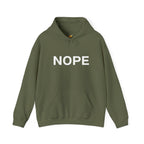 A military green pullover hoodie with the word 'NOPE' printed in bold white capital letters across the chest on a solid white background.