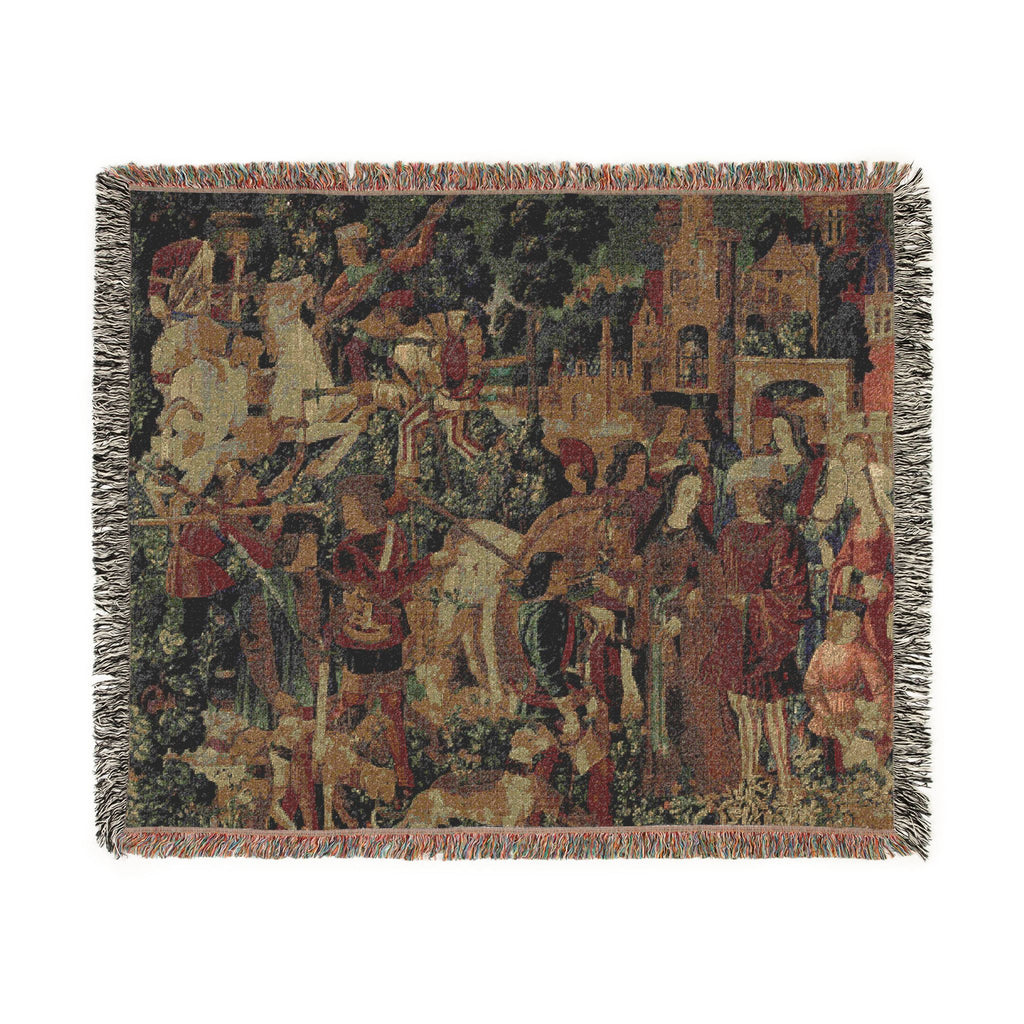 The Hunters Return to the Castle Woven Blanket, Medieval Unicorn Tapestry Art Throw