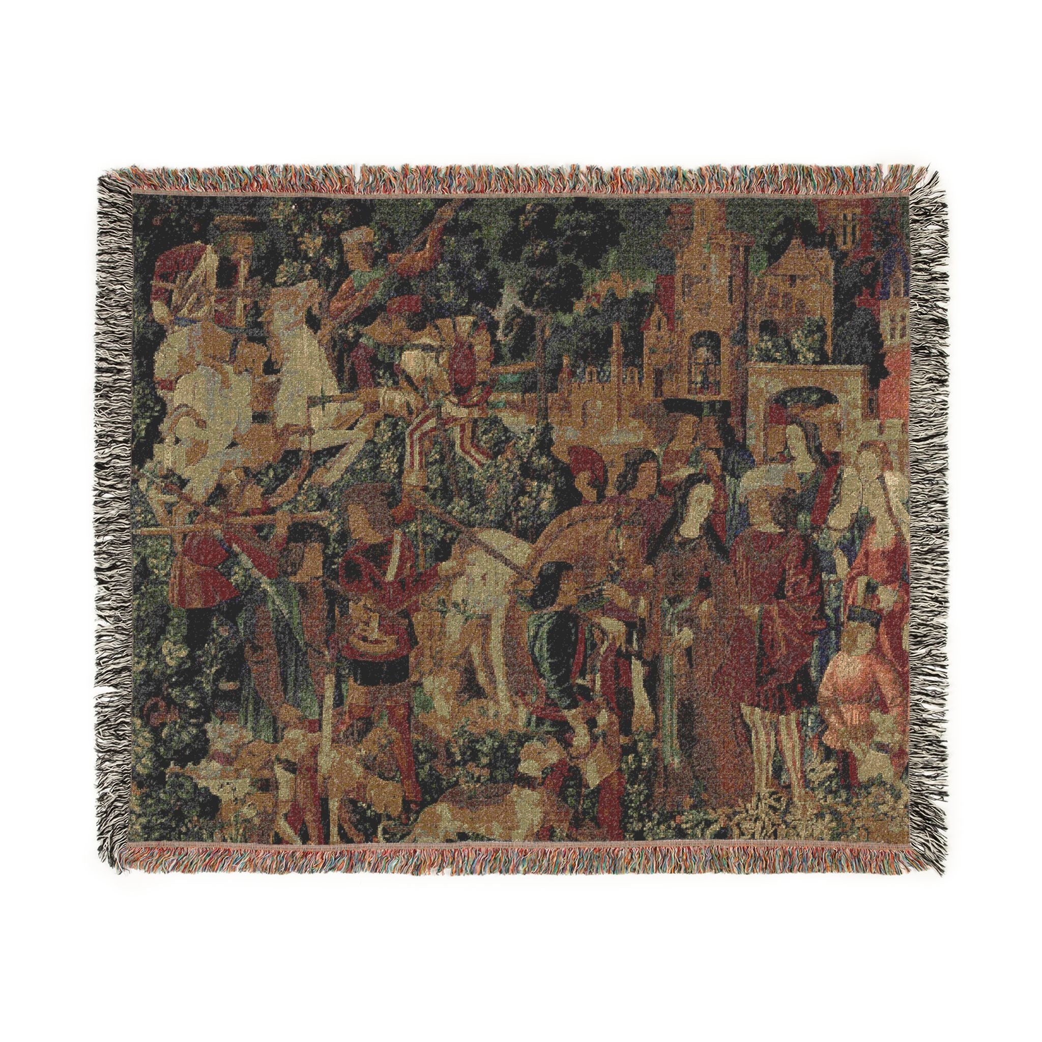 The Hunters Return to the Castle Woven Blanket, Medieval Unicorn Tapestry Art Throw