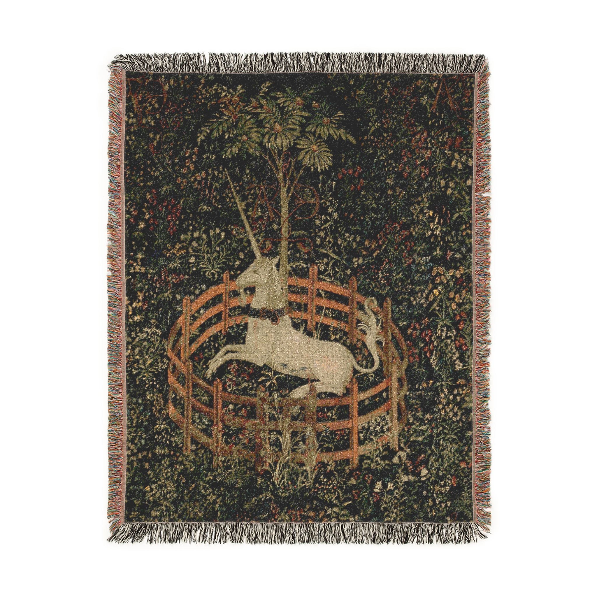 The Unicorn in Captivity Woven Blanket, Medieval Unicorn Tapestry Art Throw