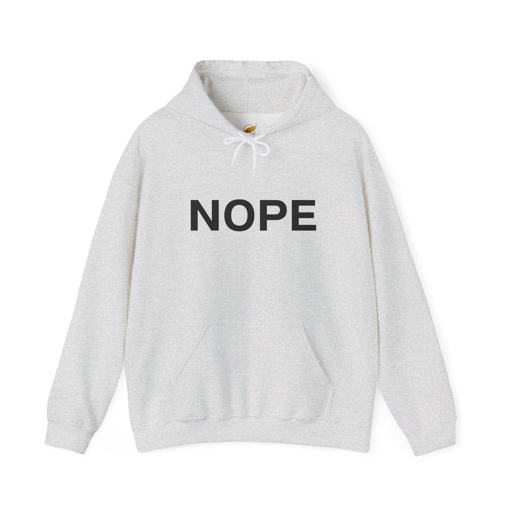 An ash gray pullover hoodie with the word 'NOPE' printed in bold black capital letters across the chest on a solid white background.