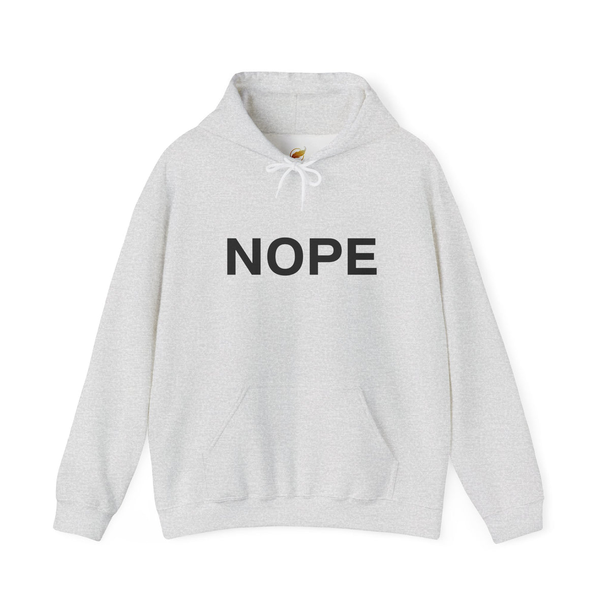 An ash gray pullover hoodie with the word 'NOPE' printed in bold black capital letters across the chest on a solid white background.