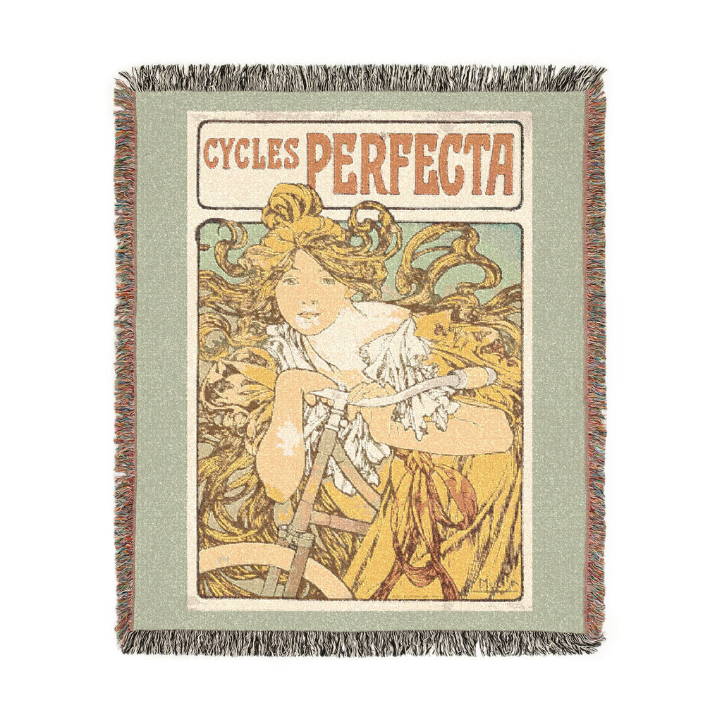 Cycles Perfecta Woven Blanket, Alphonse Mucha, Art Nouveau Bicycle Poster