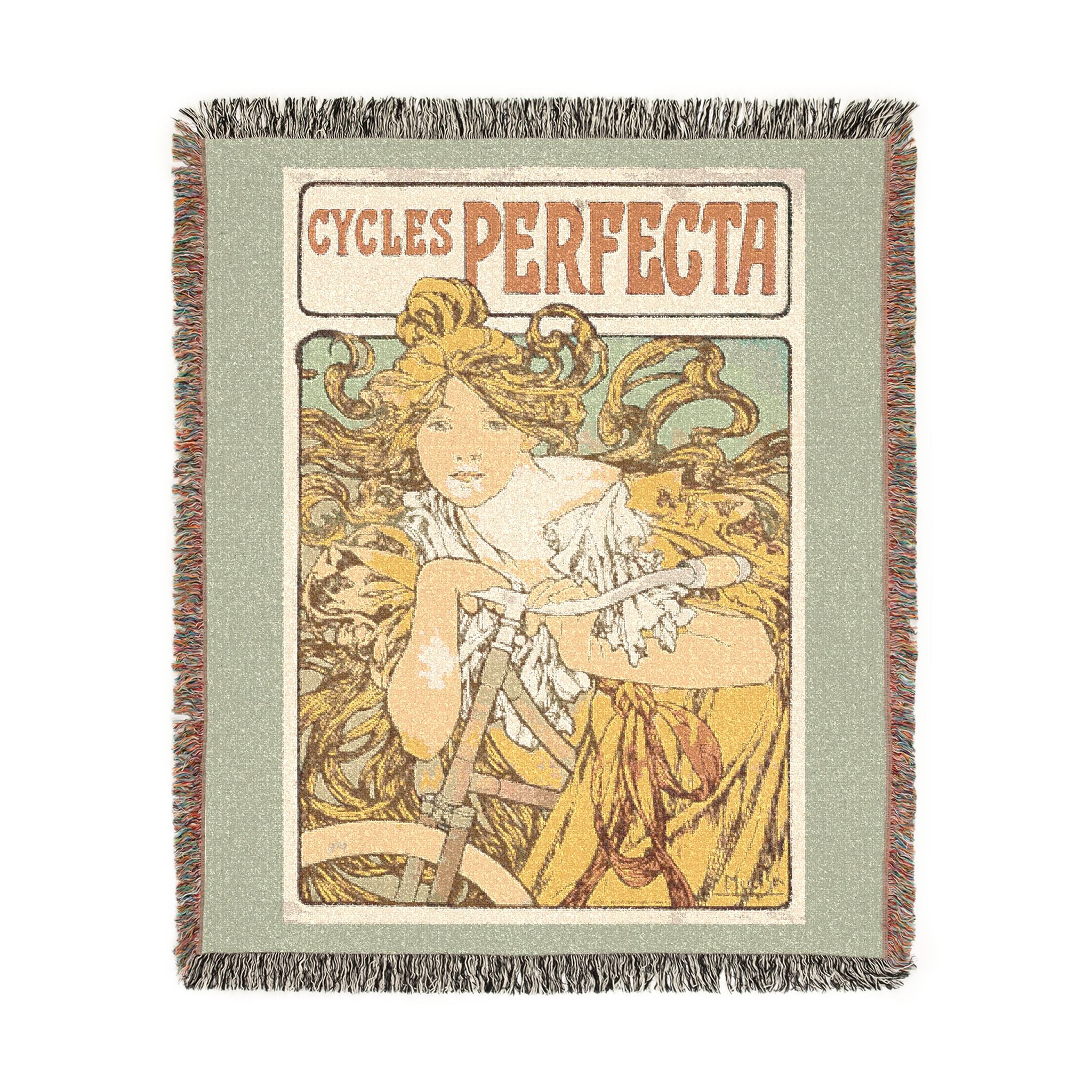 Cycles Perfecta Woven Blanket, Alphonse Mucha, Art Nouveau Bicycle Poster