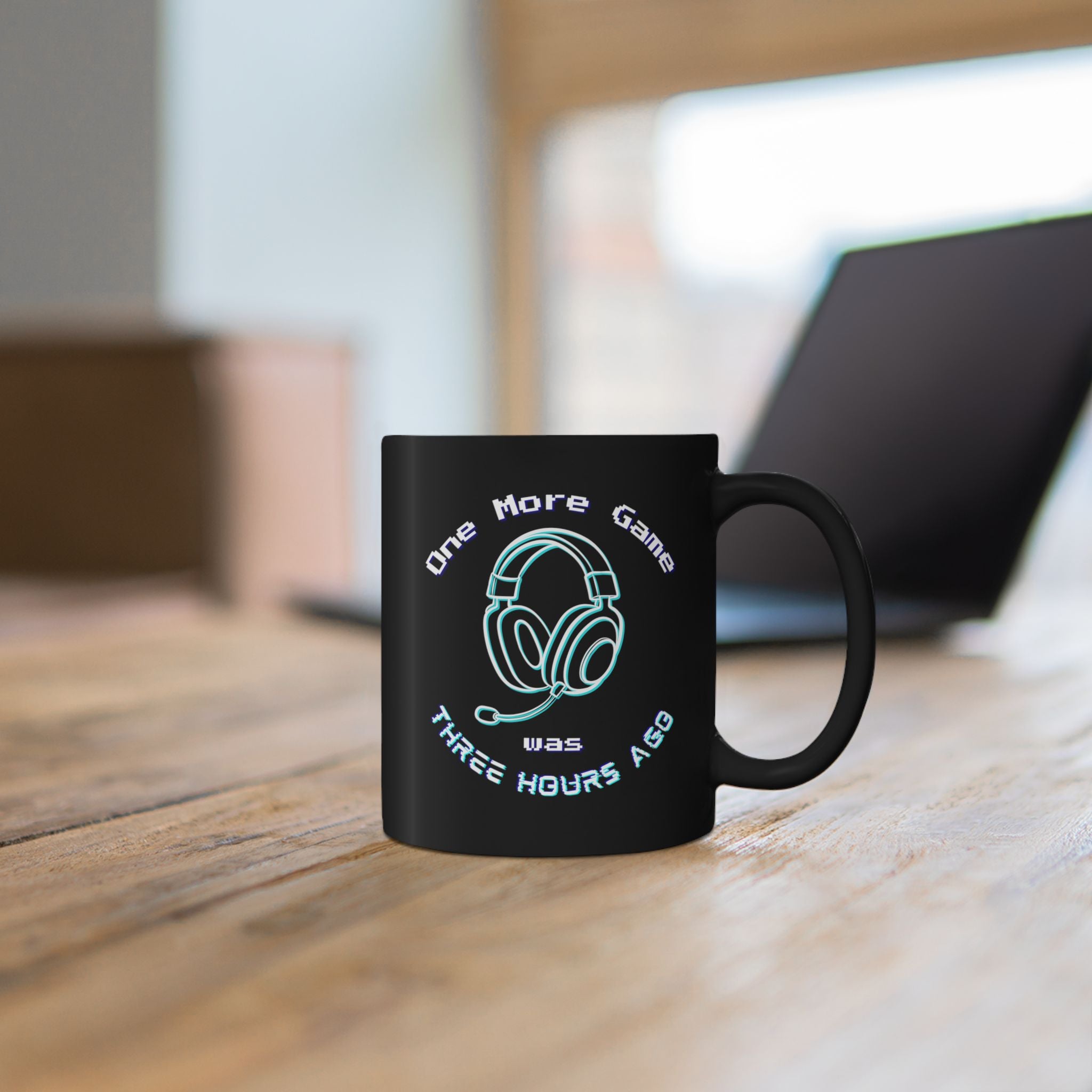 One More Game Was Three Hours Ago Mug, Funny Gamer Humor, Retro Neon Black Ceramic