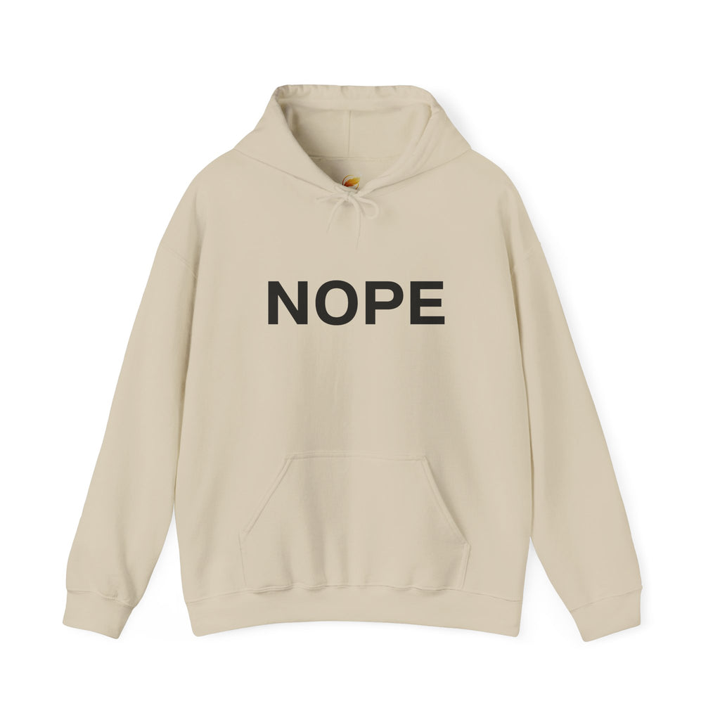 A sand beige pullover hoodie with the word 'NOPE' printed in bold black capital letters across the chest on a solid white background.