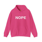 A bright pink (heliconia) pullover hoodie with the word 'NOPE' printed in bold white capital letters across the chest on a solid white background.