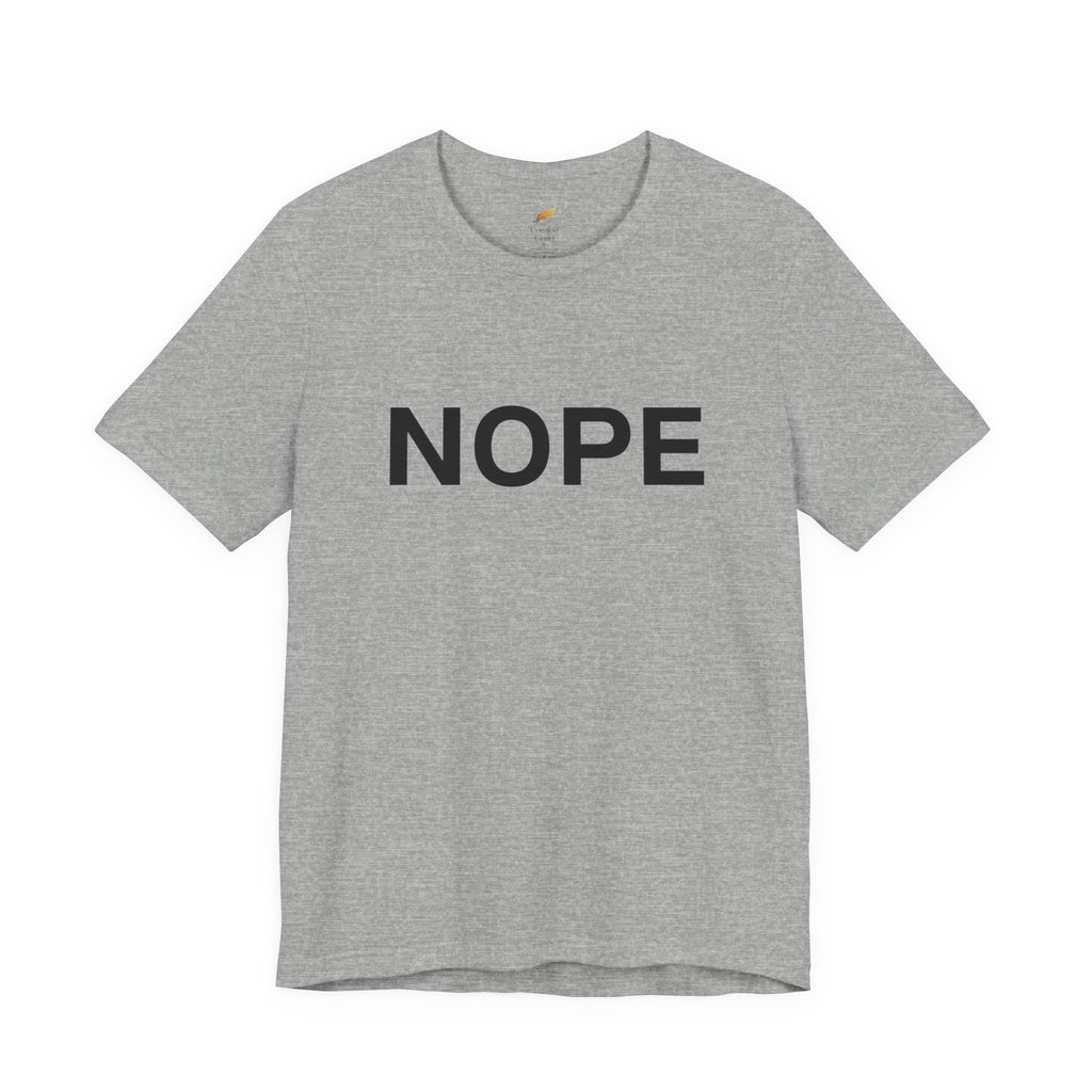 An athletic heather gray short-sleeve crewneck t-shirt with the word 'NOPE' printed in bold black capital letters across the chest, displayed on a clean white background.