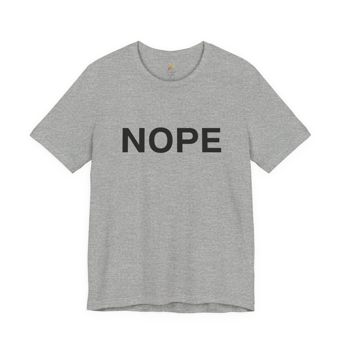 An athletic heather gray short-sleeve crewneck t-shirt with the word 'NOPE' printed in bold black capital letters across the chest, displayed on a clean white background.