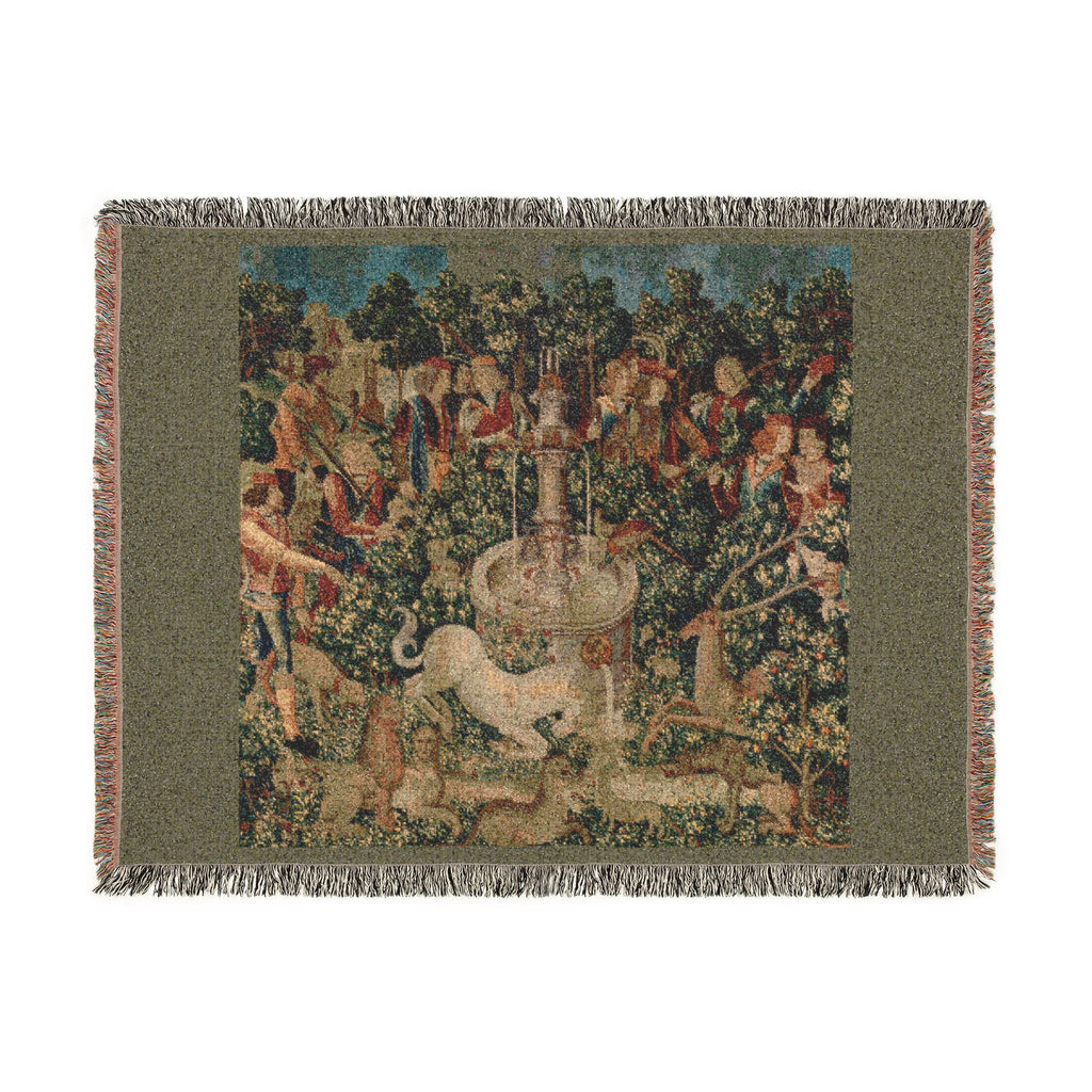 The Unicorn Purifies Water Woven Blanket, Medieval Unicorn Tapestry Art Throw