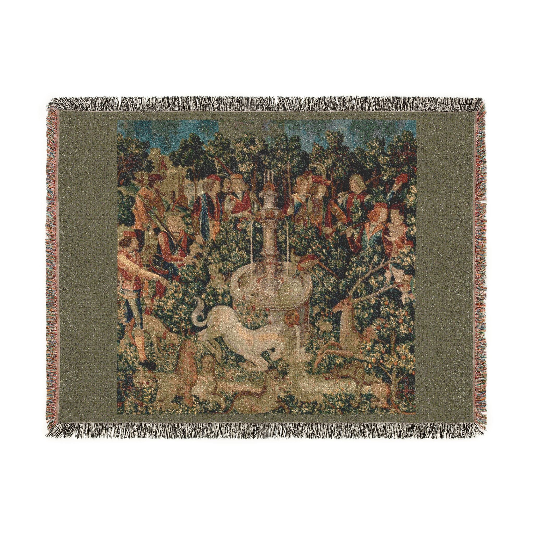 The Unicorn Purifies Water Woven Blanket, Medieval Unicorn Tapestry Art Throw
