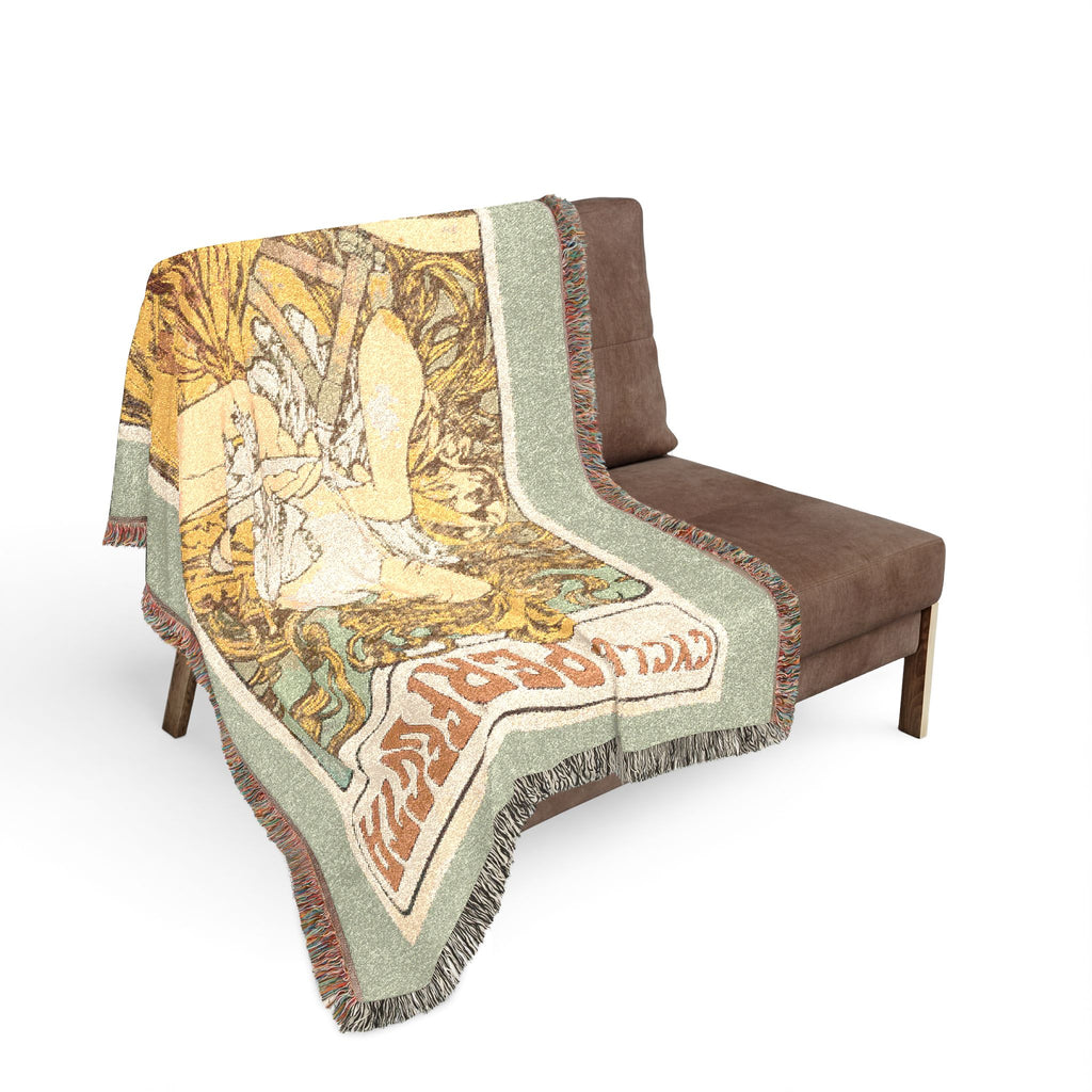 Cycles Perfecta Woven Blanket, Alphonse Mucha, Art Nouveau Bicycle Poster