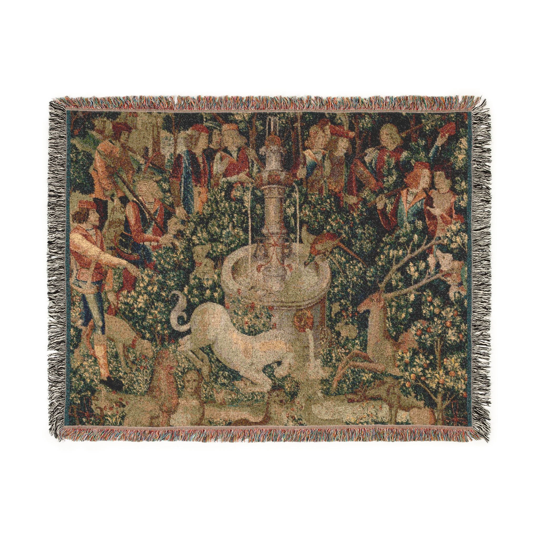 The Unicorn Purifies Water Woven Blanket, Medieval Unicorn Tapestry Art Throw