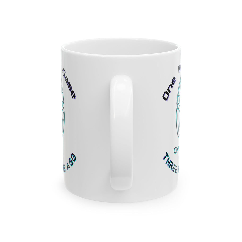 One More Game Was Three Hours Ago Mug, Funny Gamer Humor, Retro Neon White Ceramic