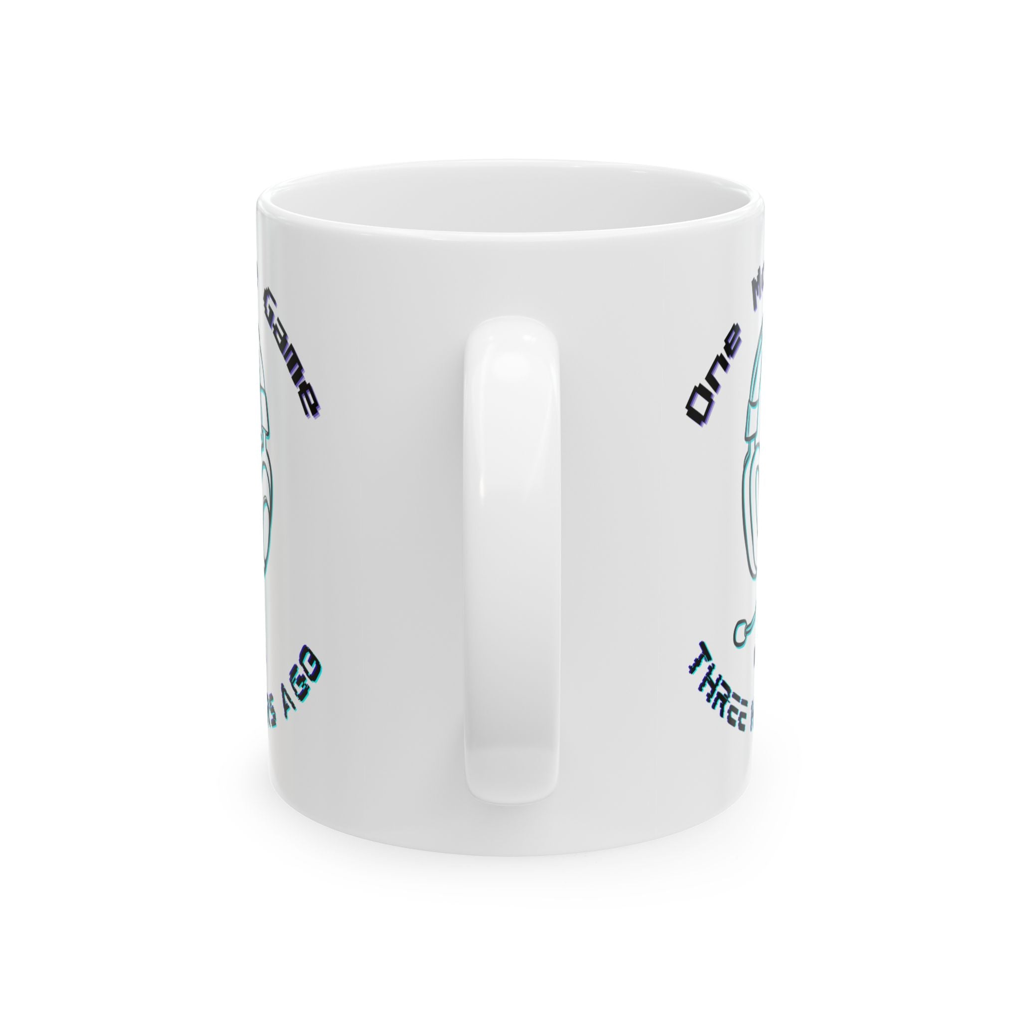 One More Game Was Three Hours Ago Mug, Funny Gamer Humor, Retro Neon White Ceramic