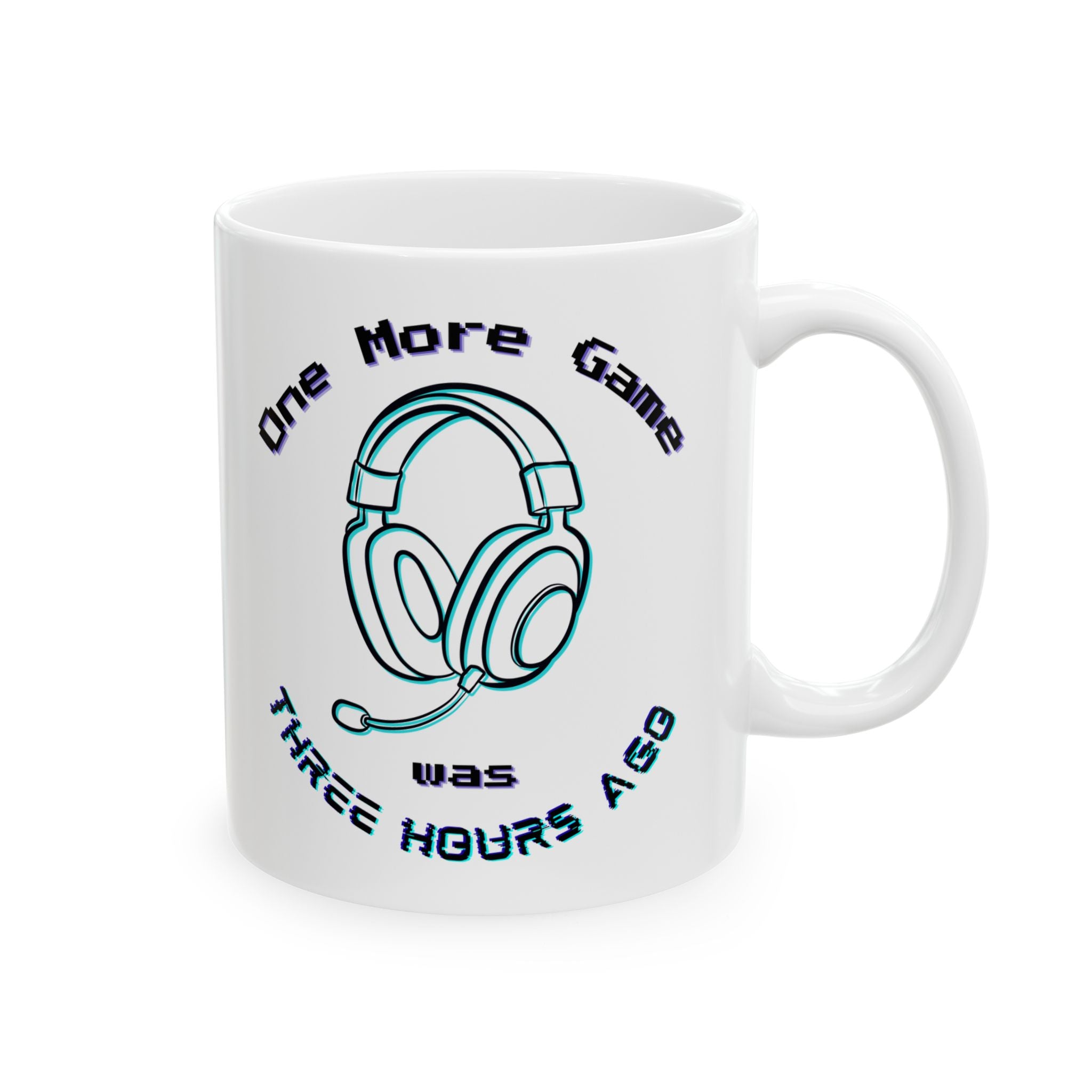 One More Game Was Three Hours Ago Mug, Funny Gamer Humor, Retro Neon White Ceramic