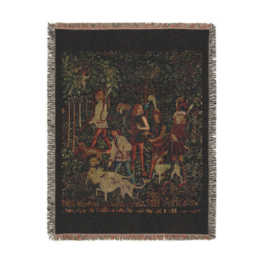 The Hunters Enter the Woods Woven Blanket, Medieval Unicorn Tapestry Art Throw