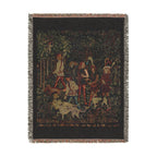 The Hunters Enter the Woods Woven Blanket, Medieval Unicorn Tapestry Art Throw