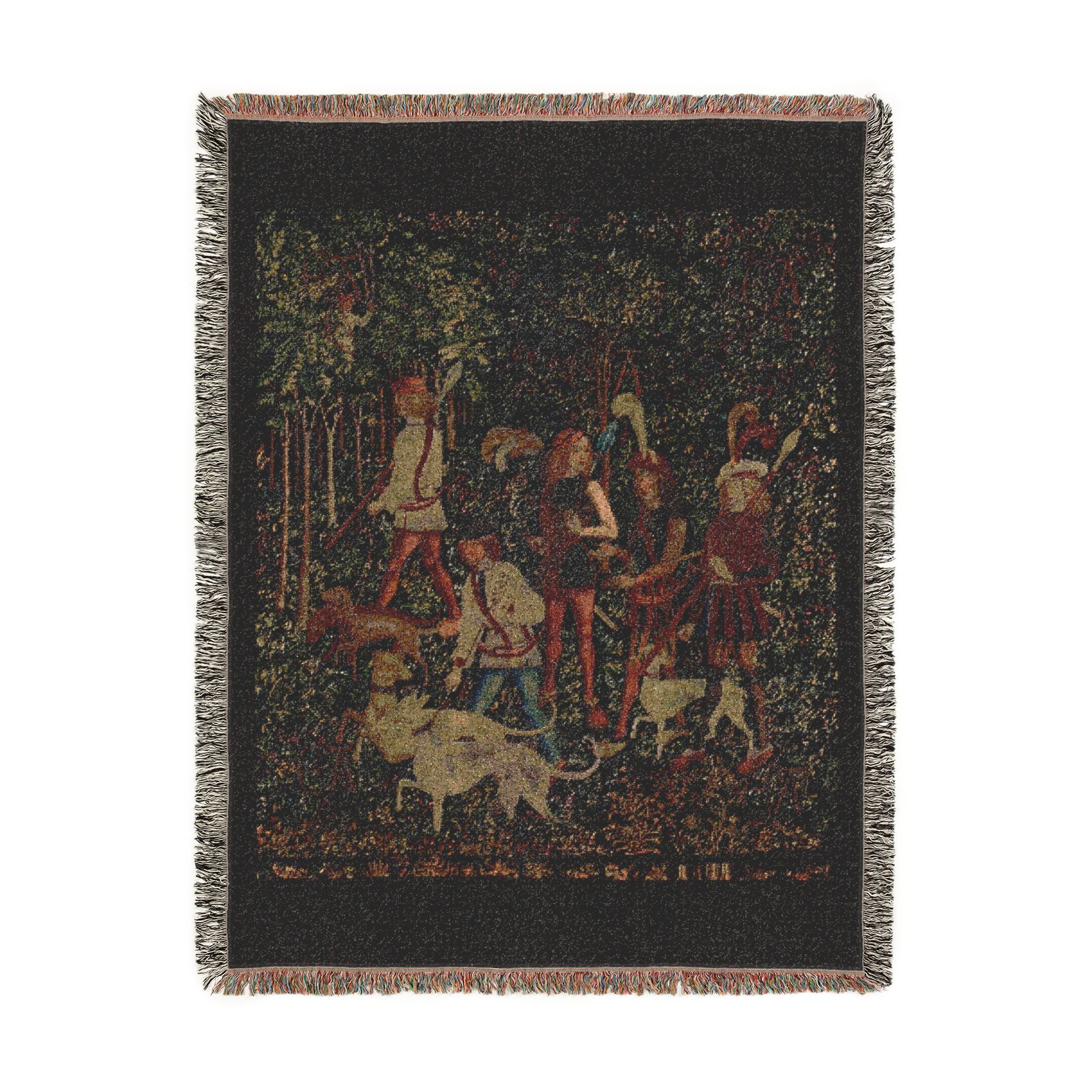 The Hunters Enter the Woods Woven Blanket, Medieval Unicorn Tapestry Art Throw