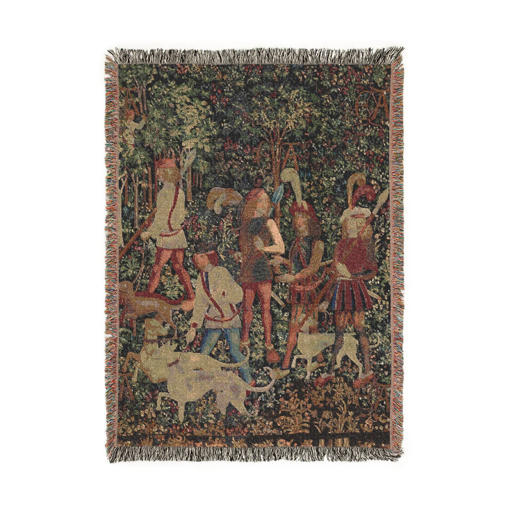 The Hunters Enter the Woods Woven Blanket, Medieval Unicorn Tapestry Art Throw