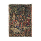The Hunters Enter the Woods Woven Blanket, Medieval Unicorn Tapestry Art Throw