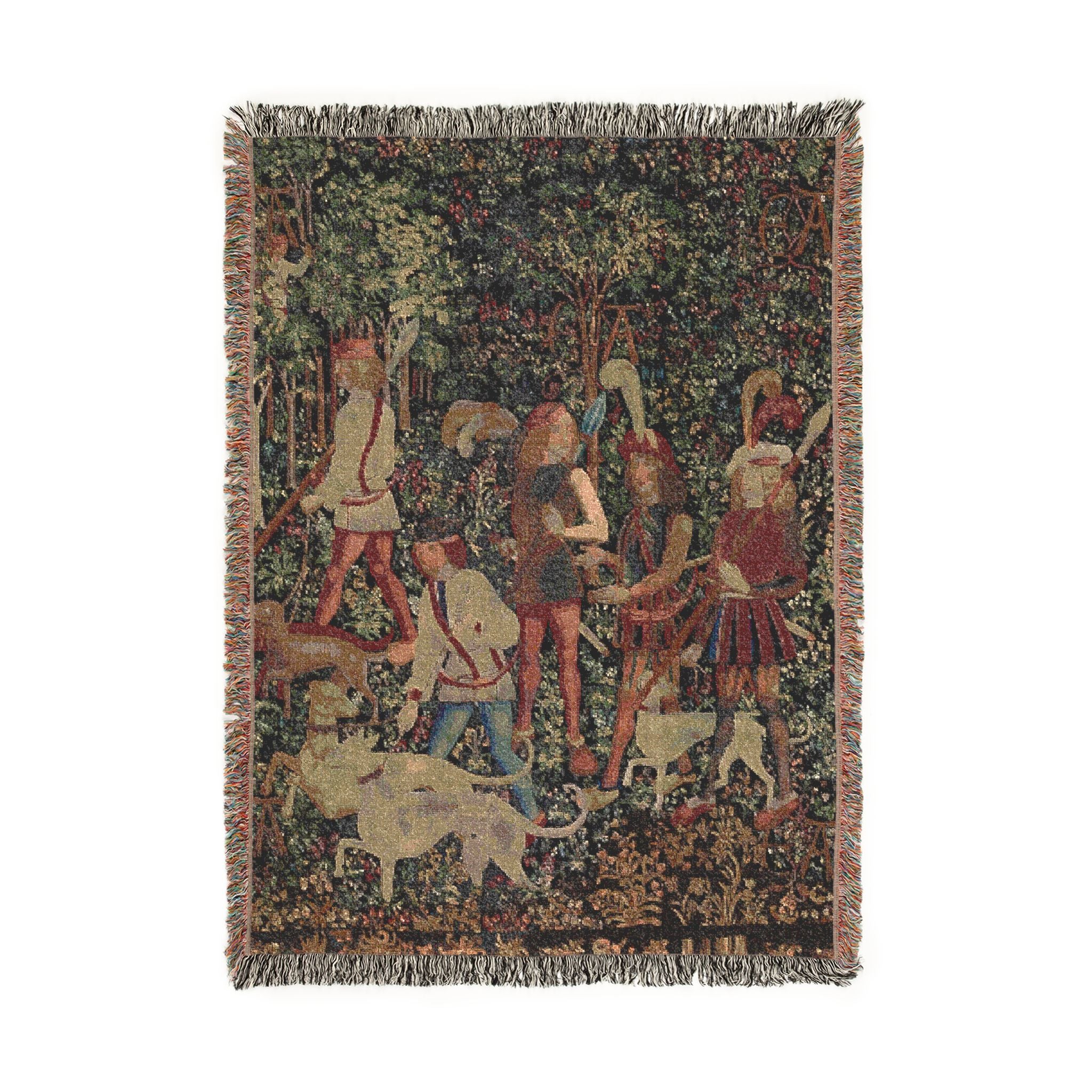 The Hunters Enter the Woods Woven Blanket, Medieval Unicorn Tapestry Art Throw
