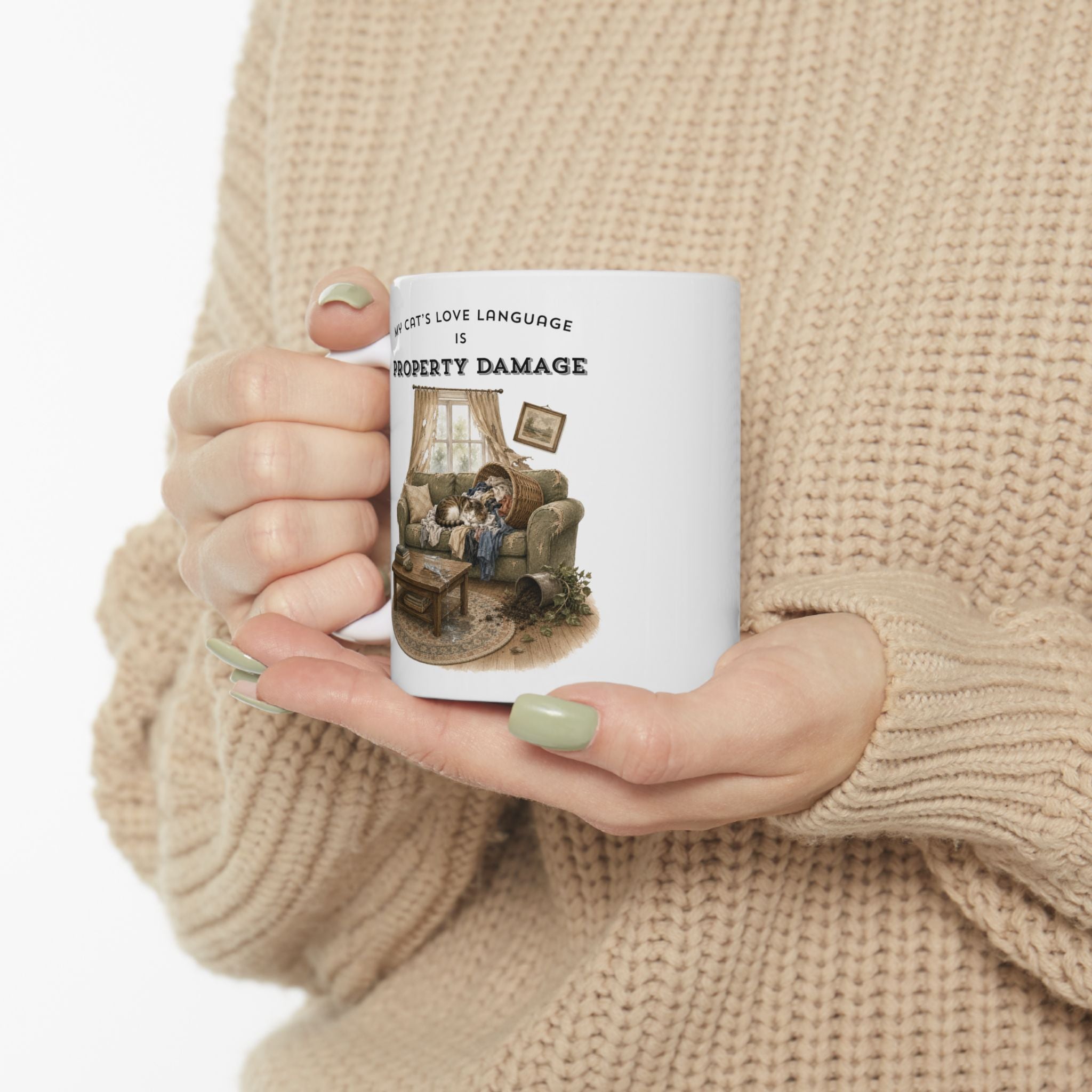 My Cat's Love Language is Property Damage Mug, Funny Cat Humor, White Ceramic