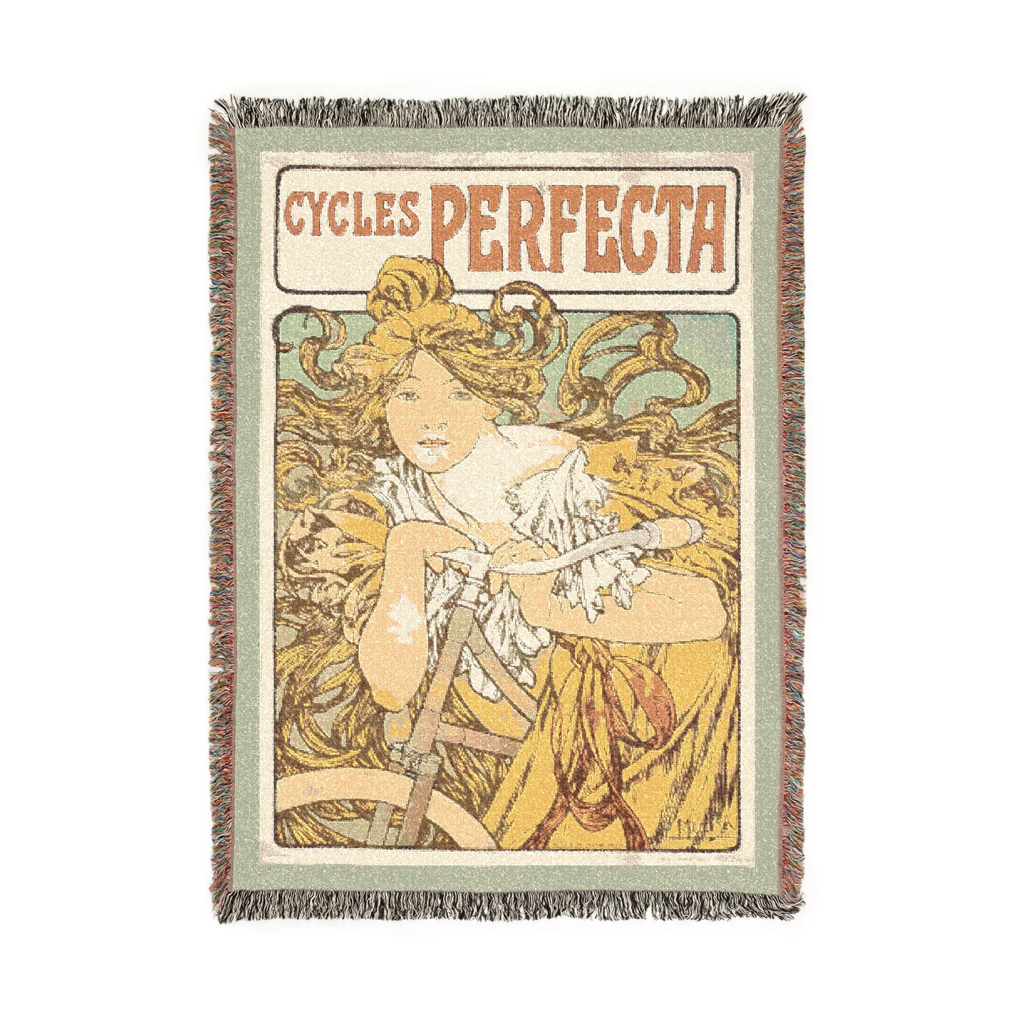 Cycles Perfecta Woven Blanket, Alphonse Mucha, Art Nouveau Bicycle Poster