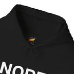 Comfort Guild neck label partially showing on a black hoodie.
