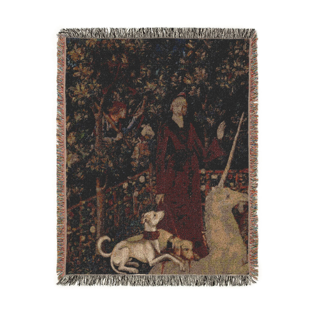 The Mystic Capture of the Unicorn Woven Blanket, Medieval Unicorn Tapestry Art Throw