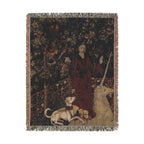 The Mystic Capture of the Unicorn Woven Blanket, Medieval Unicorn Tapestry Art Throw