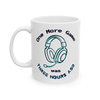 One More Game Was Three Hours Ago Mug, Funny Gamer Humor, Retro Neon White Ceramic
