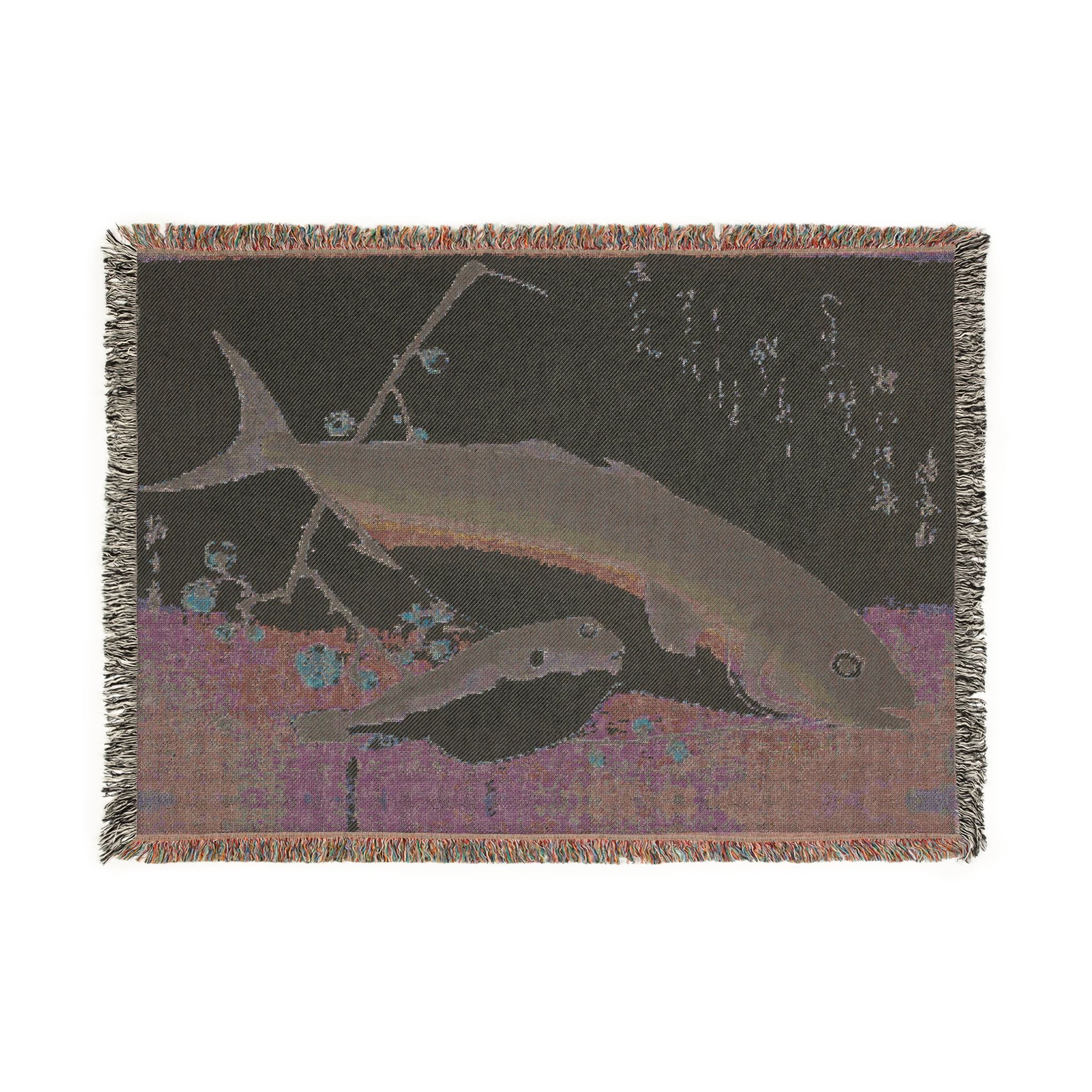 Yellowtail, Blowfish, and Plum Branch Woven Blanket, Utagawa Hiroshige, Japanese Art Throw
