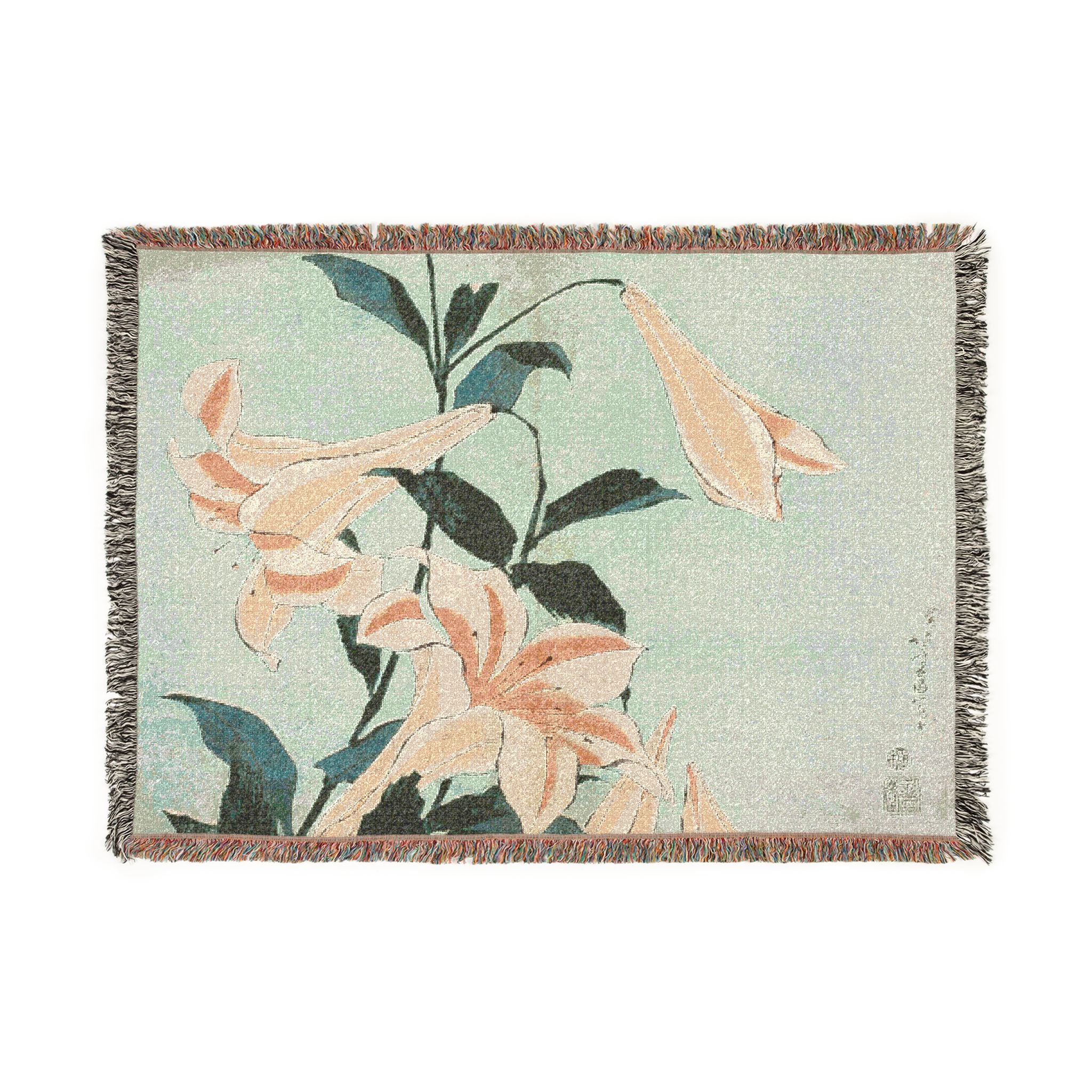 Lilies Woven Blanket, Katsushika Hokusai, Japanese Botanical Art Throw