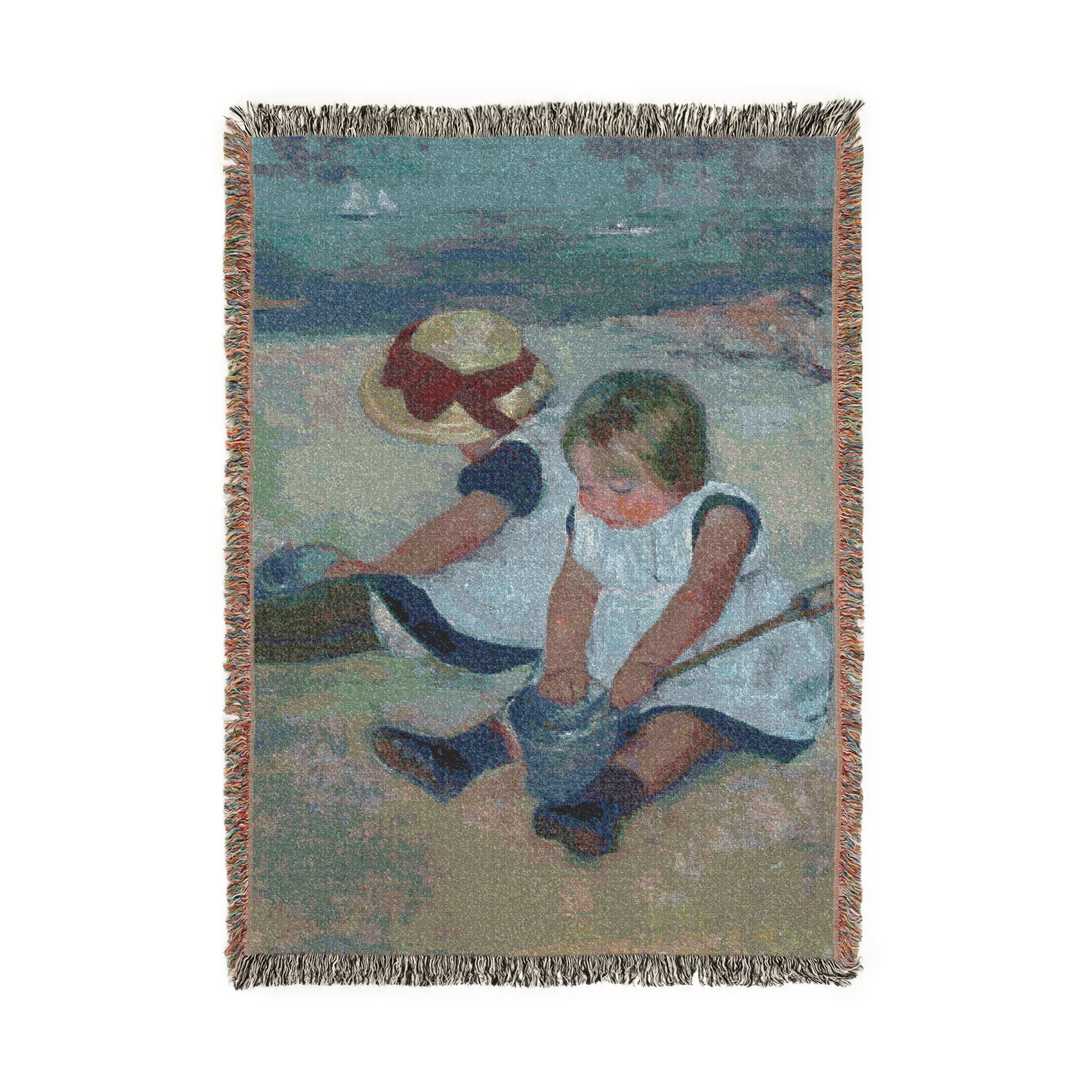 Children Playing on the Beach Woven Blanket, Mary Cassatt, Impressionist Art Throw