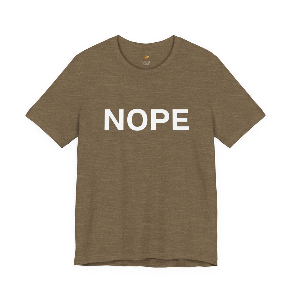 A heather olive short-sleeve crewneck t-shirt with the word 'NOPE' printed in bold white capital letters across the chest, displayed on a clean white background.