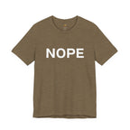 A heather olive short-sleeve crewneck t-shirt with the word 'NOPE' printed in bold white capital letters across the chest, displayed on a clean white background.