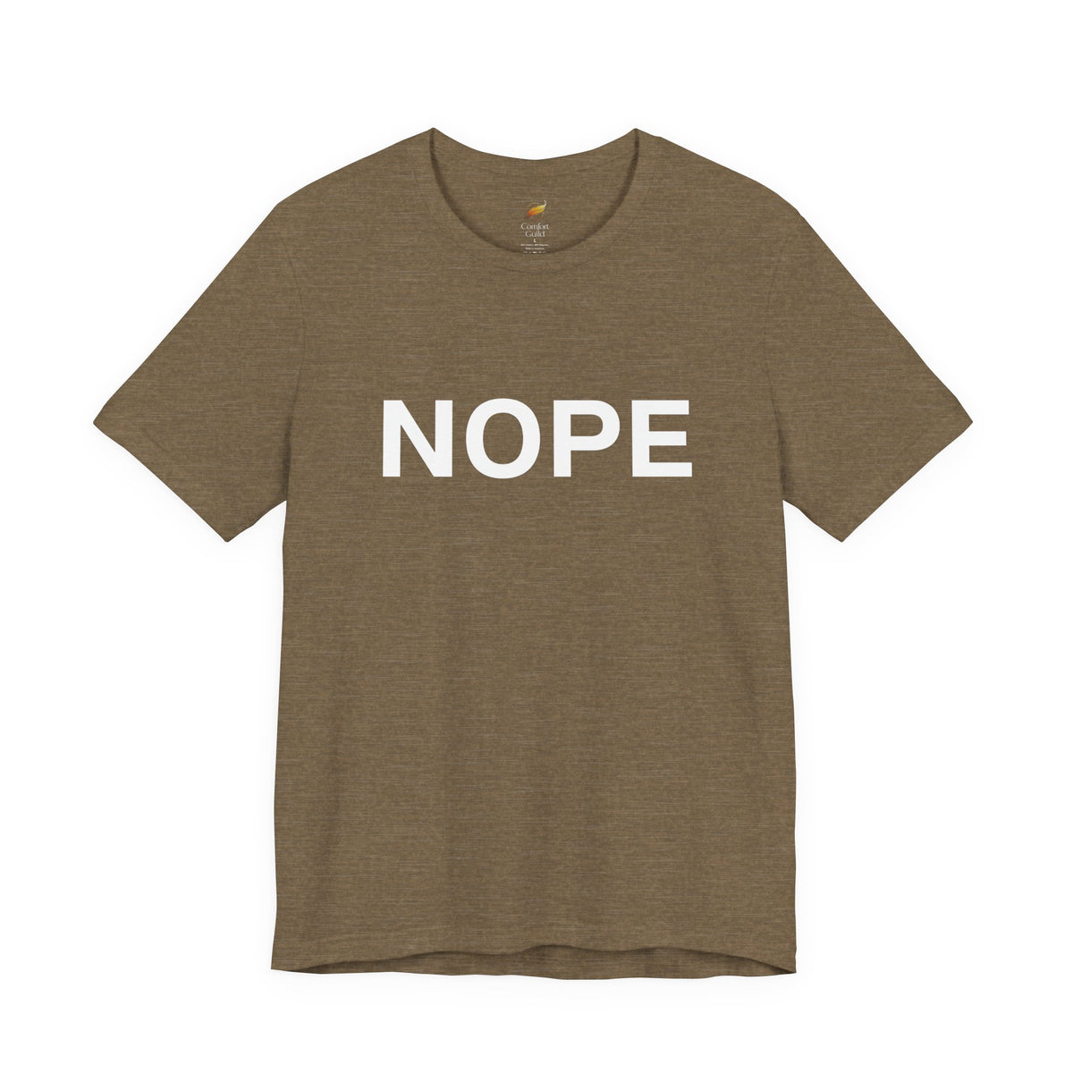 A heather olive short-sleeve crewneck t-shirt with the word 'NOPE' printed in bold white capital letters across the chest, displayed on a clean white background.