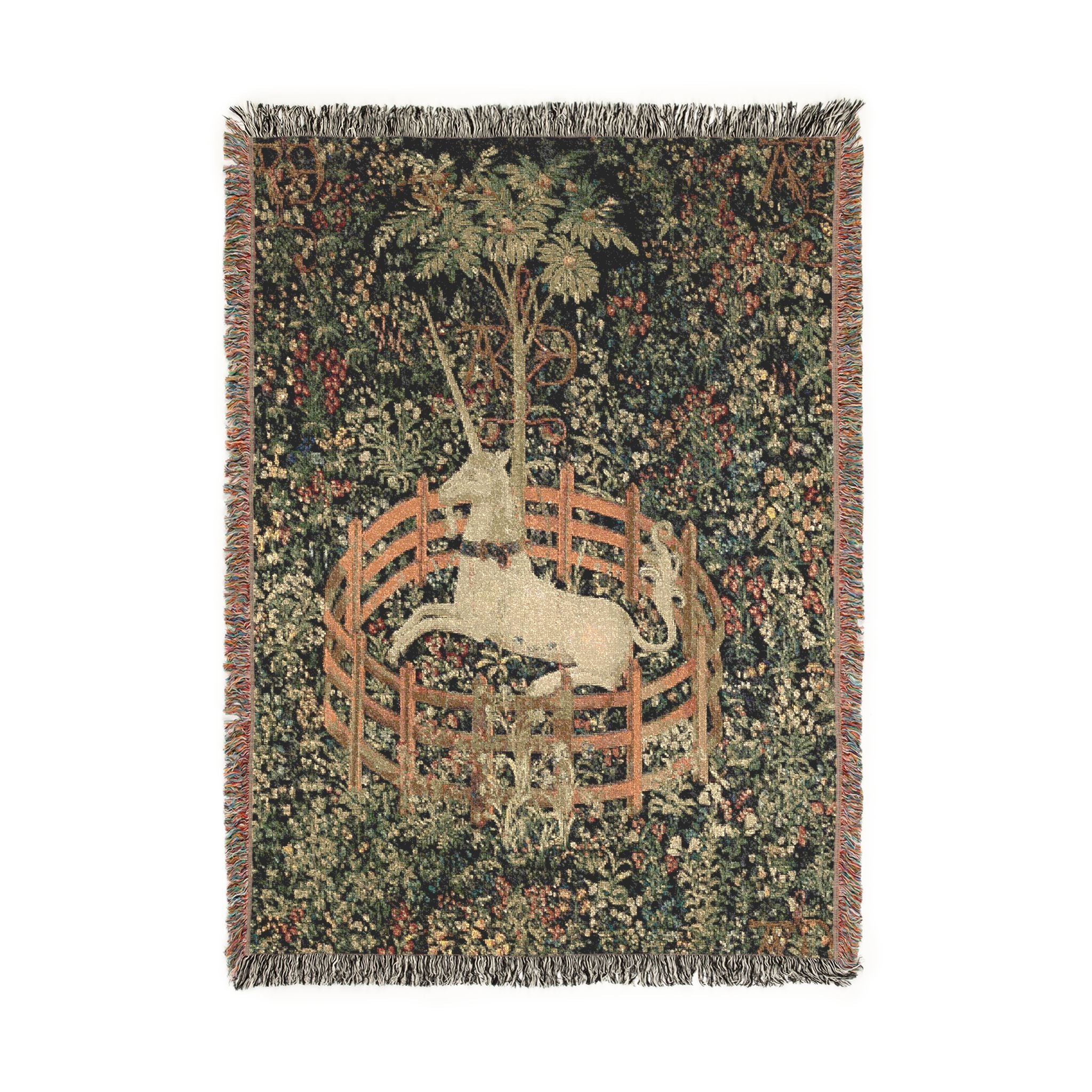 The Unicorn in Captivity Woven Blanket, Medieval Unicorn Tapestry Art Throw